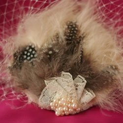 Bridal birdcage veil with beige spotted feathers
